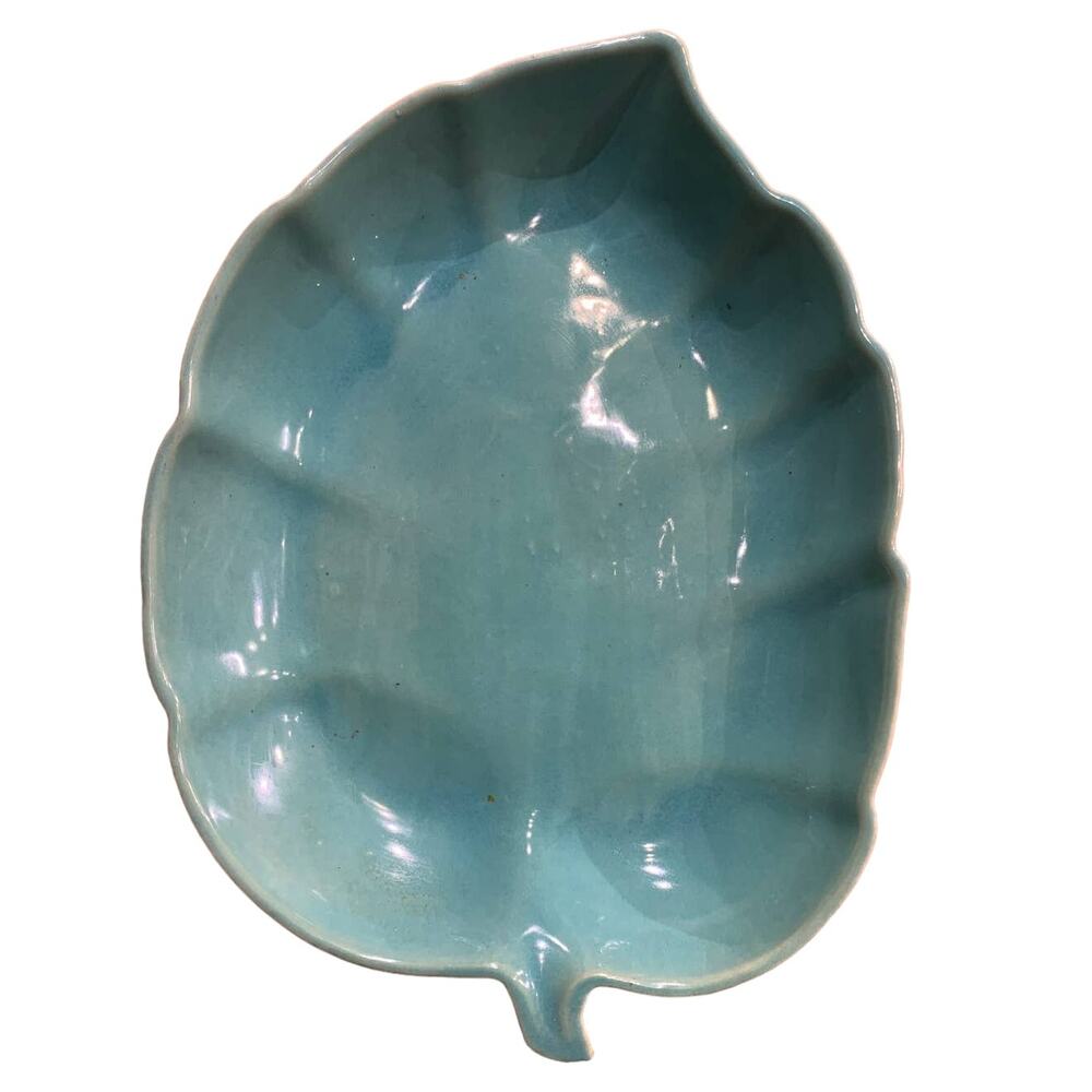Vintage Ceramic Large Leaf with Stem Green Cream Platter Bowl Serving Dish